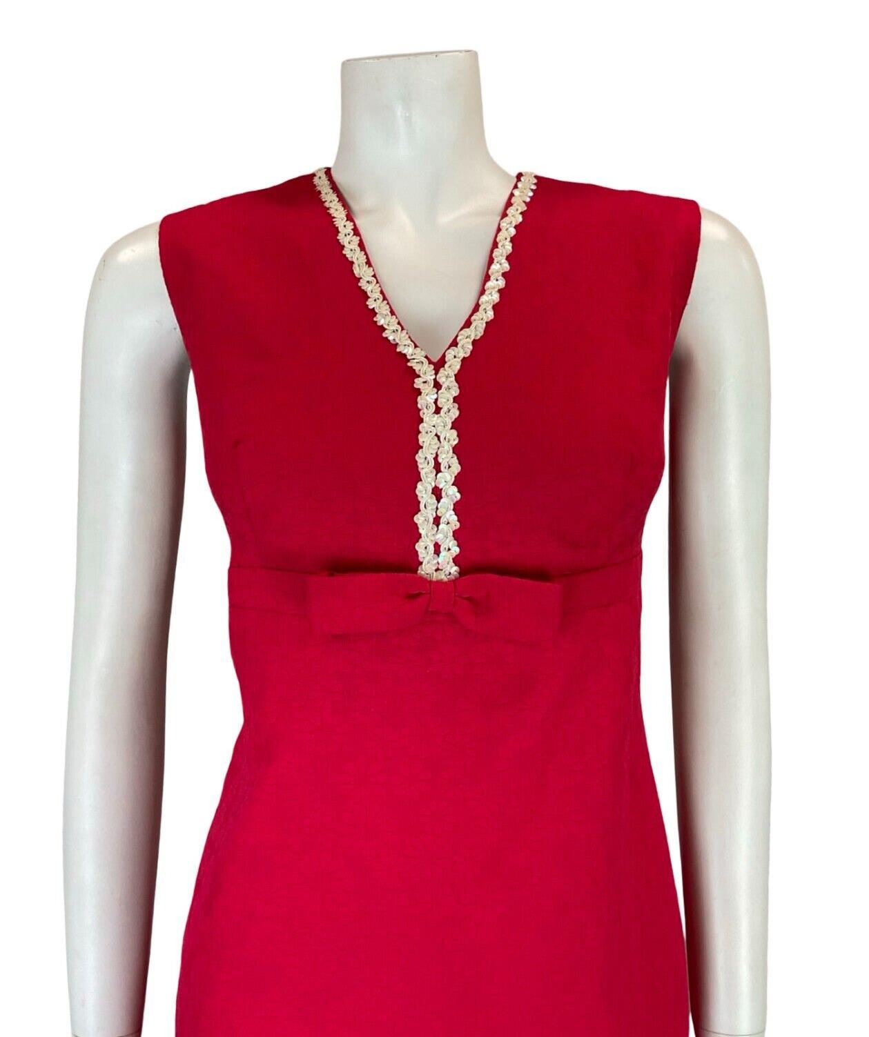 VTG 60S HOT PINK FLORAL EMBOSSED BOW WHITE SEQUIN MOD GOGO MICRO MINI DRESS 12