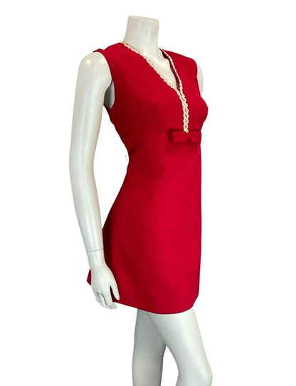 VTG 60S HOT PINK FLORAL EMBOSSED BOW WHITE SEQUIN MOD GOGO MICRO MINI DRESS 12