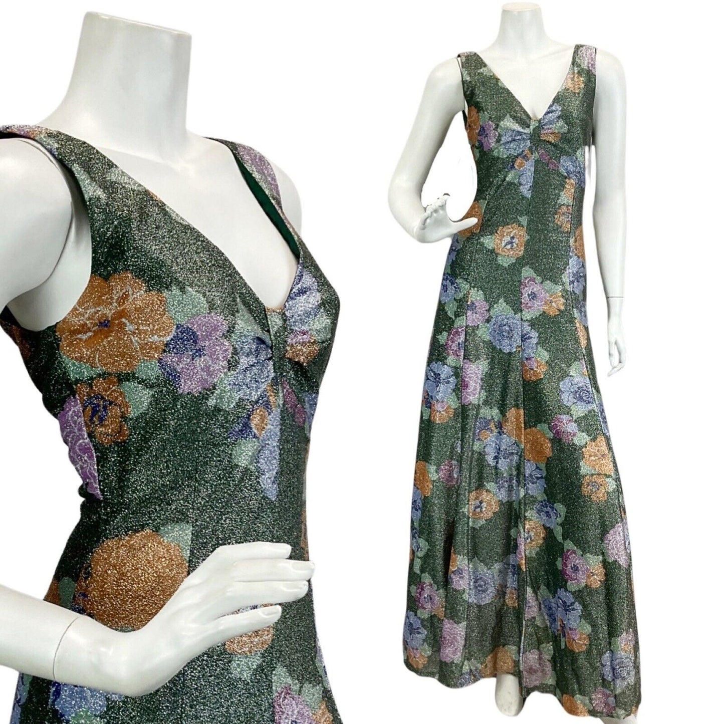 VTG 60s 70s FORREST GREEN ORANGE LILAC FLORAL PARTY DISCO LUREX MAXI DRESS 10 12