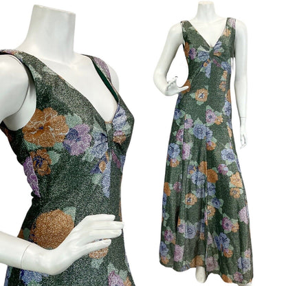 VTG 60s 70s FORREST GREEN ORANGE LILAC FLORAL PARTY DISCO LUREX MAXI DRESS 10 12