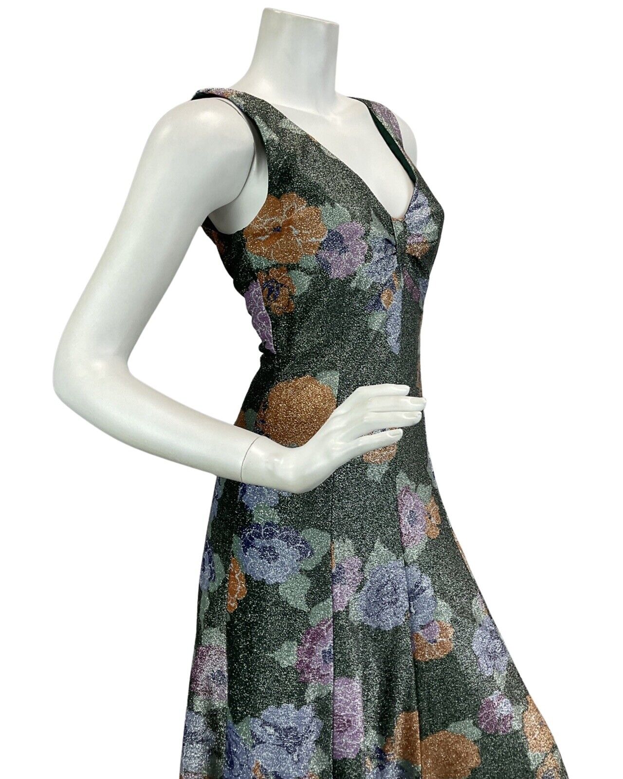 VTG 60s 70s FORREST GREEN ORANGE LILAC FLORAL PARTY DISCO LUREX MAXI DRESS 10 12