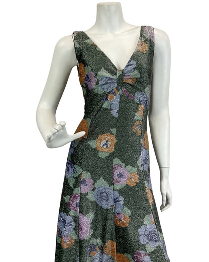 VTG 60s 70s FORREST GREEN ORANGE LILAC FLORAL PARTY DISCO LUREX MAXI DRESS 10 12
