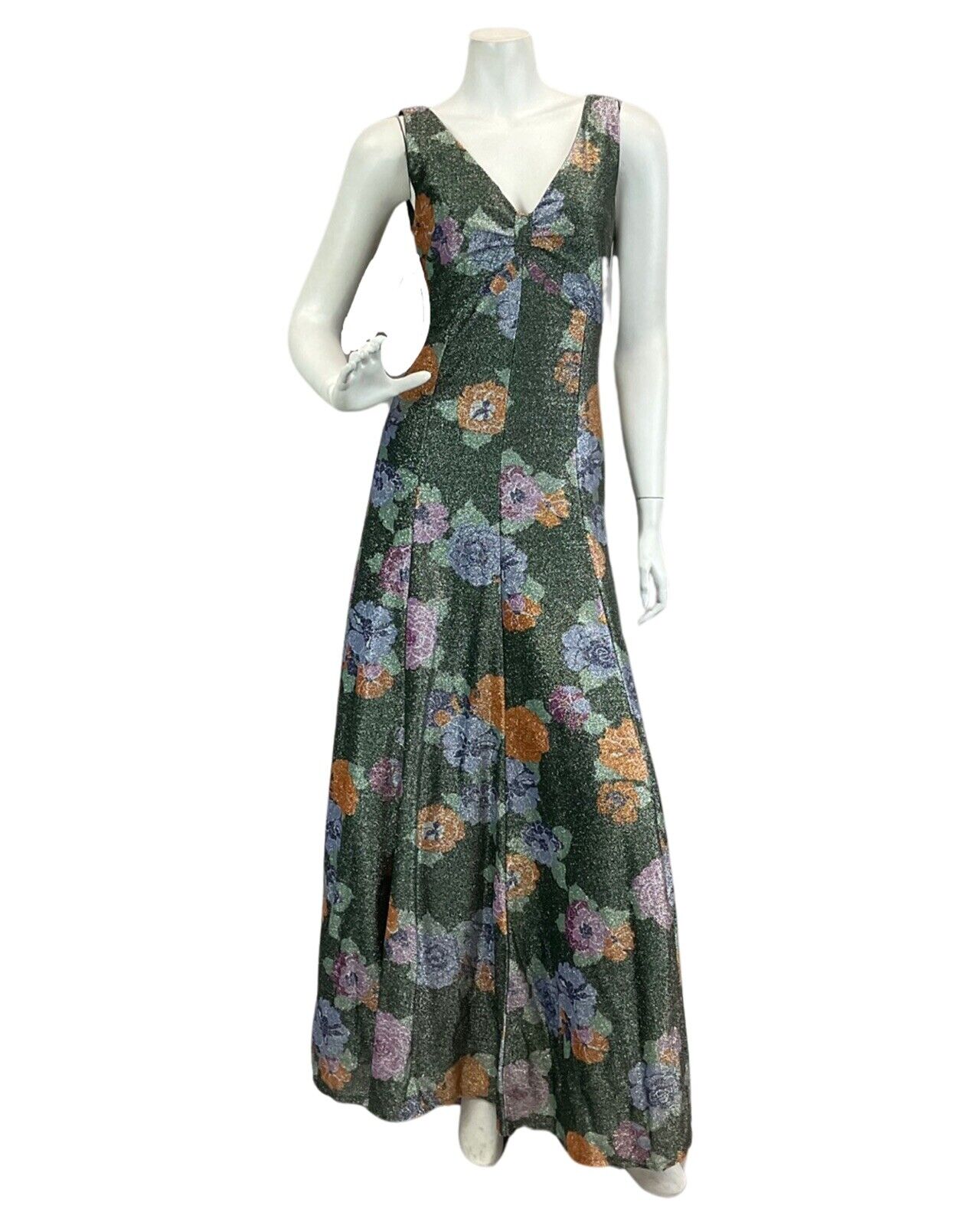 VTG 60s 70s FORREST GREEN ORANGE LILAC FLORAL PARTY DISCO LUREX MAXI DRESS 10 12
