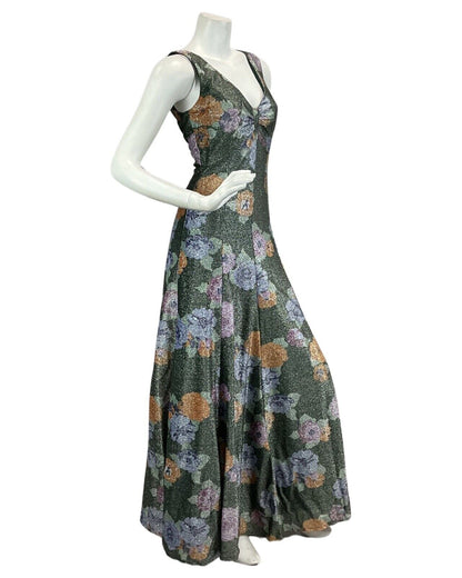 VTG 60s 70s FORREST GREEN ORANGE LILAC FLORAL PARTY DISCO LUREX MAXI DRESS 10 12