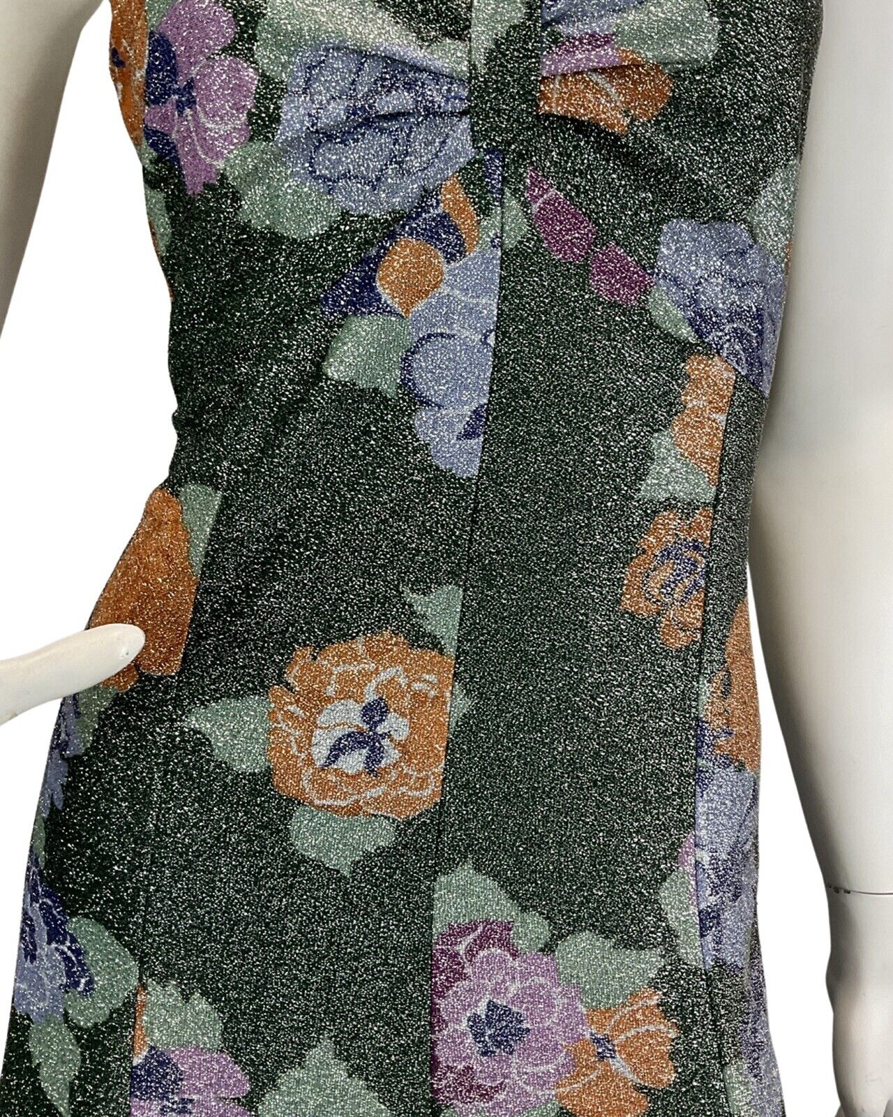 VTG 60s 70s FORREST GREEN ORANGE LILAC FLORAL PARTY DISCO LUREX MAXI DRESS 10 12