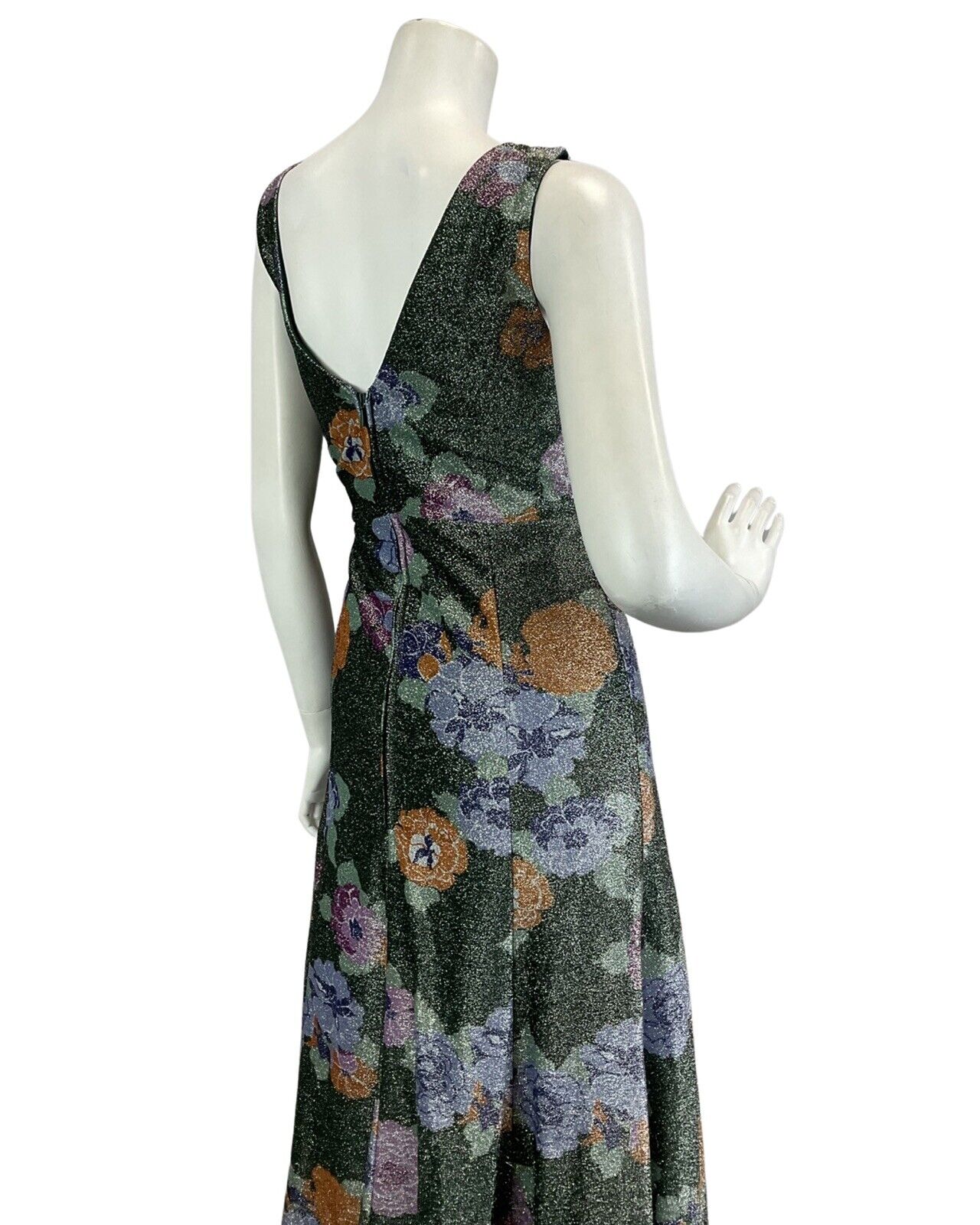 VTG 60s 70s FORREST GREEN ORANGE LILAC FLORAL PARTY DISCO LUREX MAXI DRESS 10 12