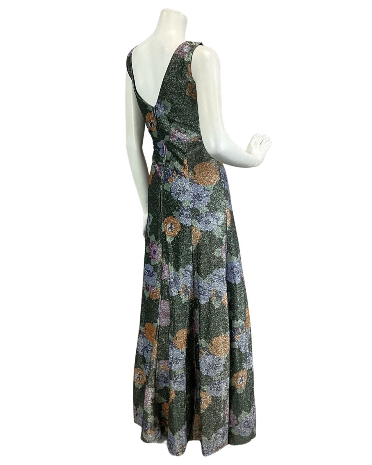 VTG 60s 70s FORREST GREEN ORANGE LILAC FLORAL PARTY DISCO LUREX MAXI DRESS 10 12