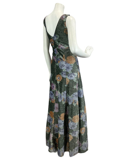 VTG 60s 70s FORREST GREEN ORANGE LILAC FLORAL PARTY DISCO LUREX MAXI DRESS 10 12