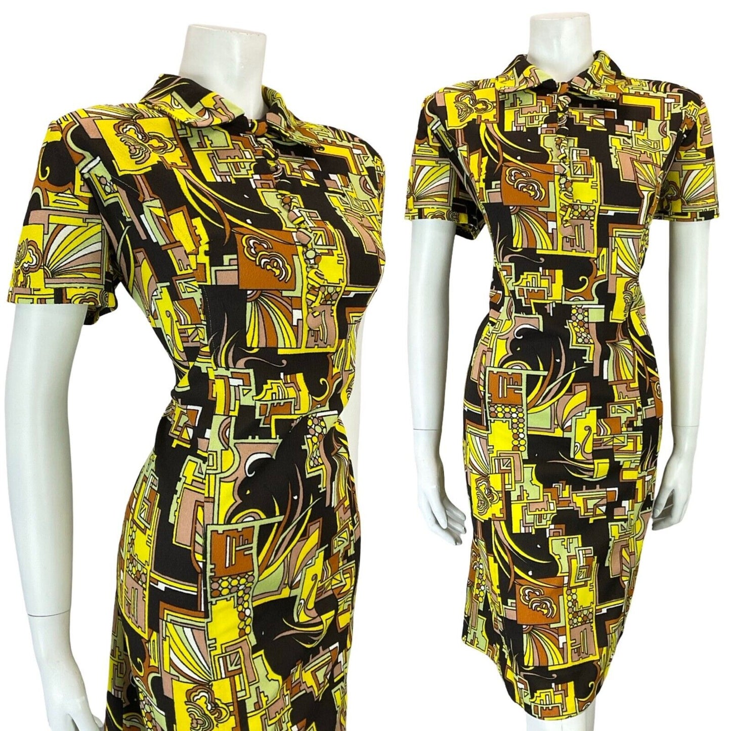 VTG 60S YELLOW BLACK ORANGE GREEN GEOMETRIC PSYCHEDELIC SHIRT DRESS 16 18 L