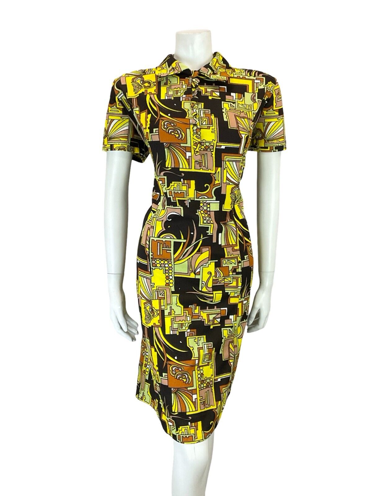 VTG 60S YELLOW BLACK ORANGE GREEN GEOMETRIC PSYCHEDELIC SHIRT DRESS 16 18 L