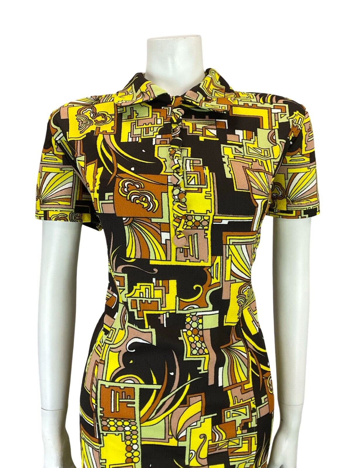 VTG 60S YELLOW BLACK ORANGE GREEN GEOMETRIC PSYCHEDELIC SHIRT DRESS 16 18 L