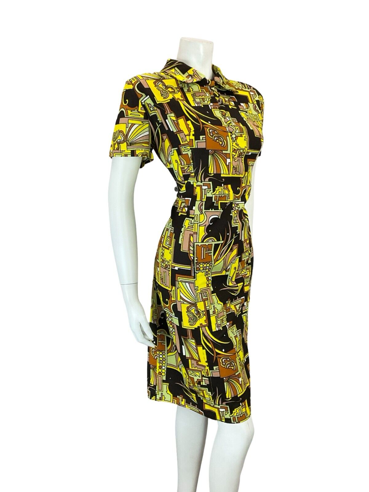 VTG 60S YELLOW BLACK ORANGE GREEN GEOMETRIC PSYCHEDELIC SHIRT DRESS 16 18 L
