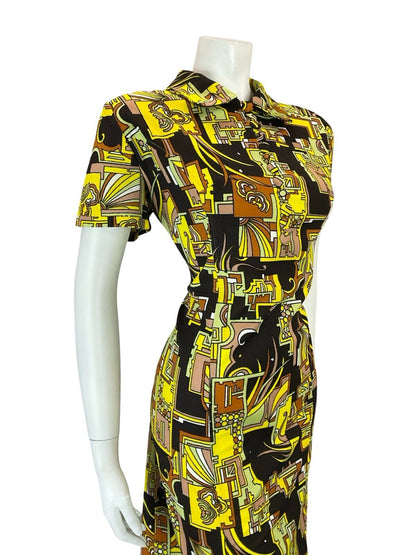 VTG 60S YELLOW BLACK ORANGE GREEN GEOMETRIC PSYCHEDELIC SHIRT DRESS 16 18 L