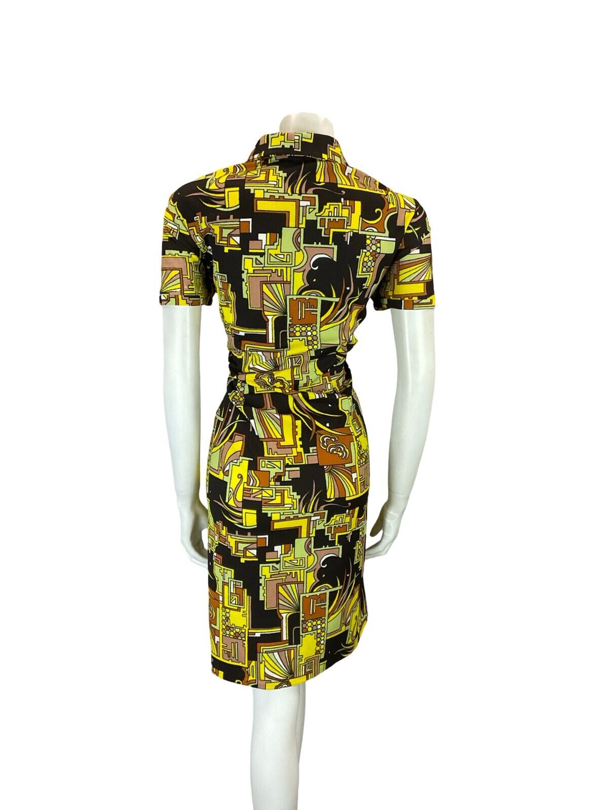 VTG 60S YELLOW BLACK ORANGE GREEN GEOMETRIC PSYCHEDELIC SHIRT DRESS 16 18 L
