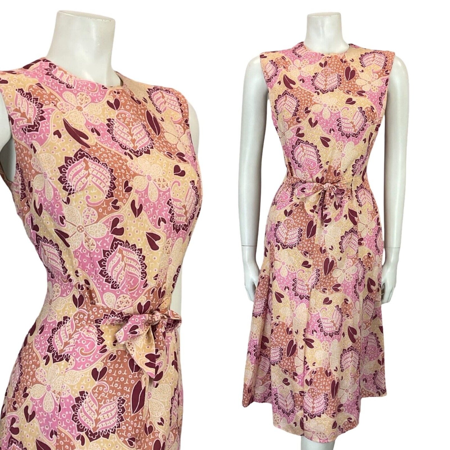 VTG 60S 70S PINK BEIGE WHITE FLORAL PSYCHEDELIC TIE WAIST PLEATED DRESS 10 12