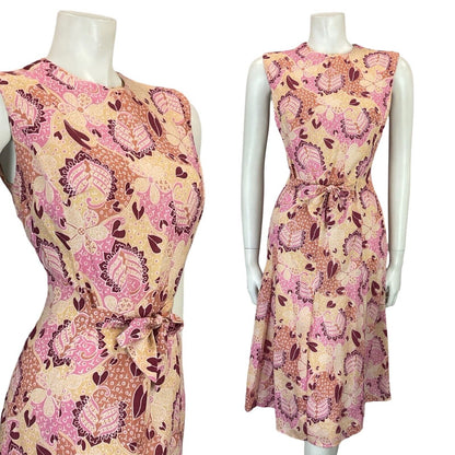VTG 60S 70S PINK BEIGE WHITE FLORAL PSYCHEDELIC TIE WAIST PLEATED DRESS 10 12