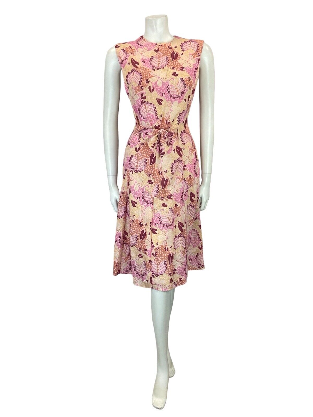 VTG 60S 70S PINK BEIGE WHITE FLORAL PSYCHEDELIC TIE WAIST PLEATED DRESS 10 12