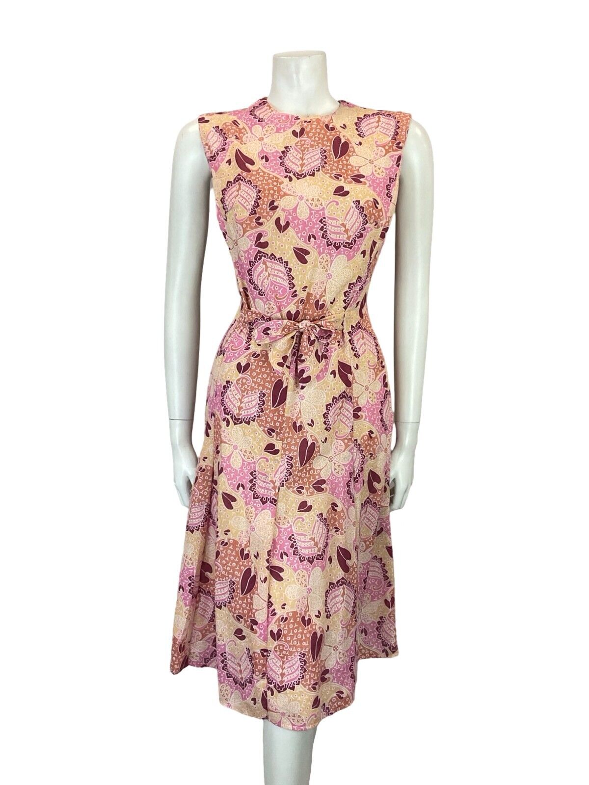 VTG 60S 70S PINK BEIGE WHITE FLORAL PSYCHEDELIC TIE WAIST PLEATED DRESS 10 12