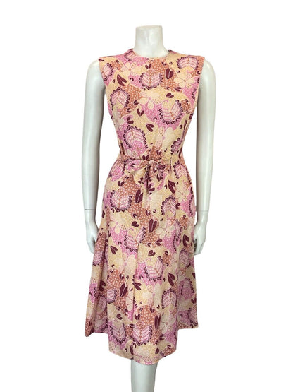VTG 60S 70S PINK BEIGE WHITE FLORAL PSYCHEDELIC TIE WAIST PLEATED DRESS 10 12