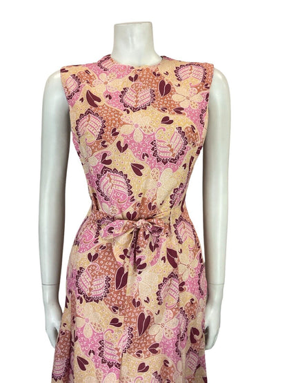VTG 60S 70S PINK BEIGE WHITE FLORAL PSYCHEDELIC TIE WAIST PLEATED DRESS 10 12