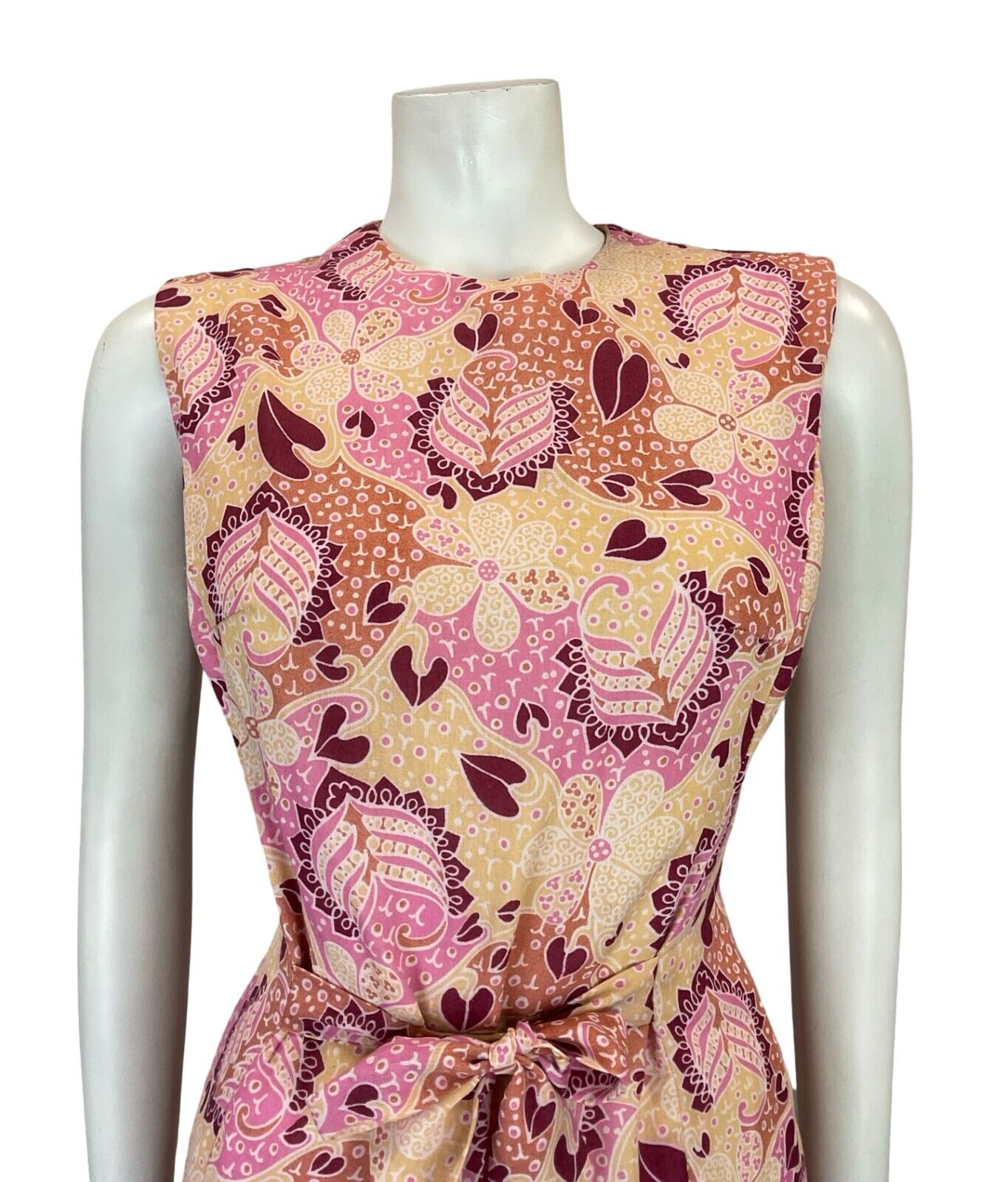 VTG 60S 70S PINK BEIGE WHITE FLORAL PSYCHEDELIC TIE WAIST PLEATED DRESS 10 12