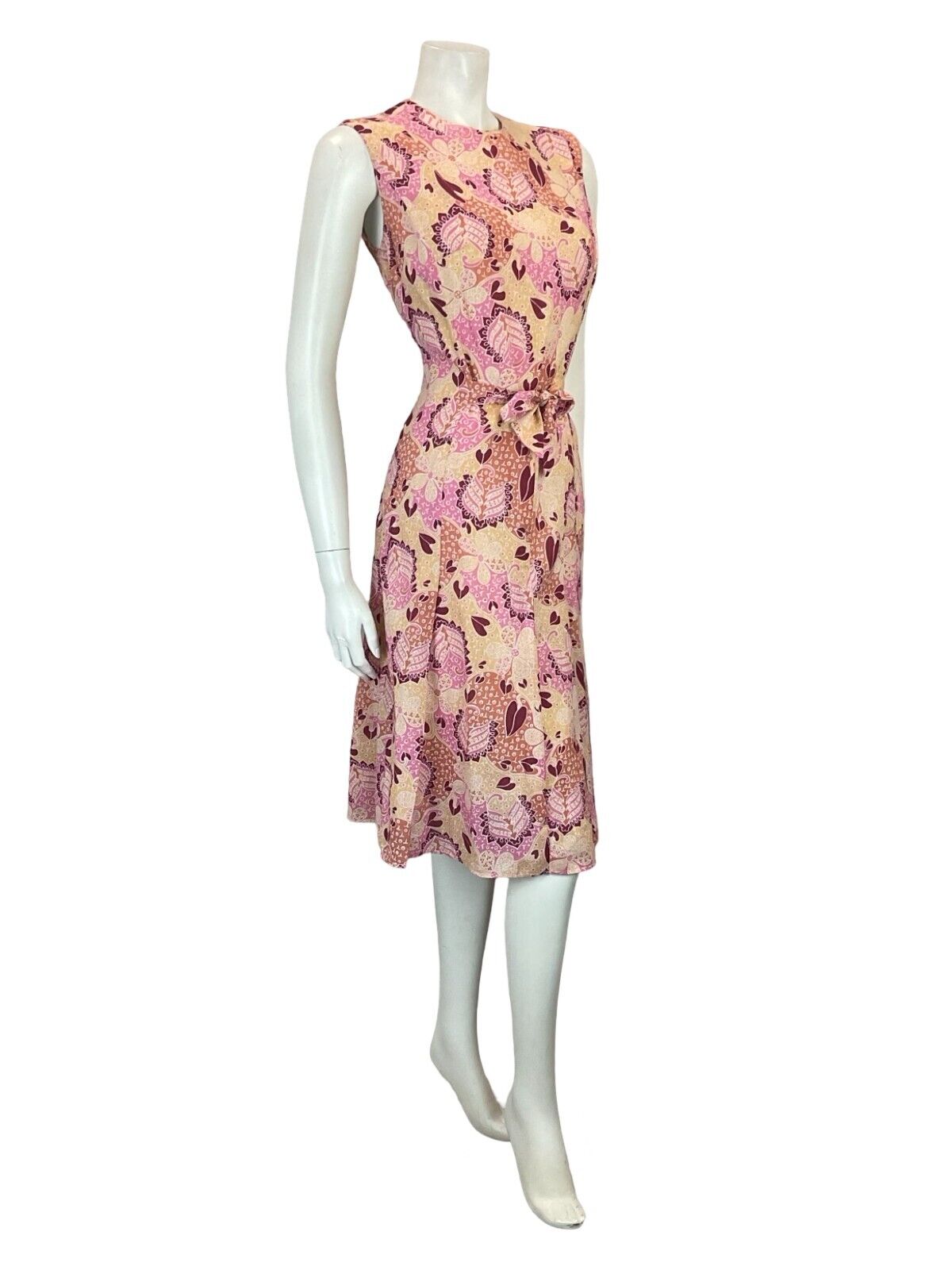 VTG 60S 70S PINK BEIGE WHITE FLORAL PSYCHEDELIC TIE WAIST PLEATED DRESS 10 12