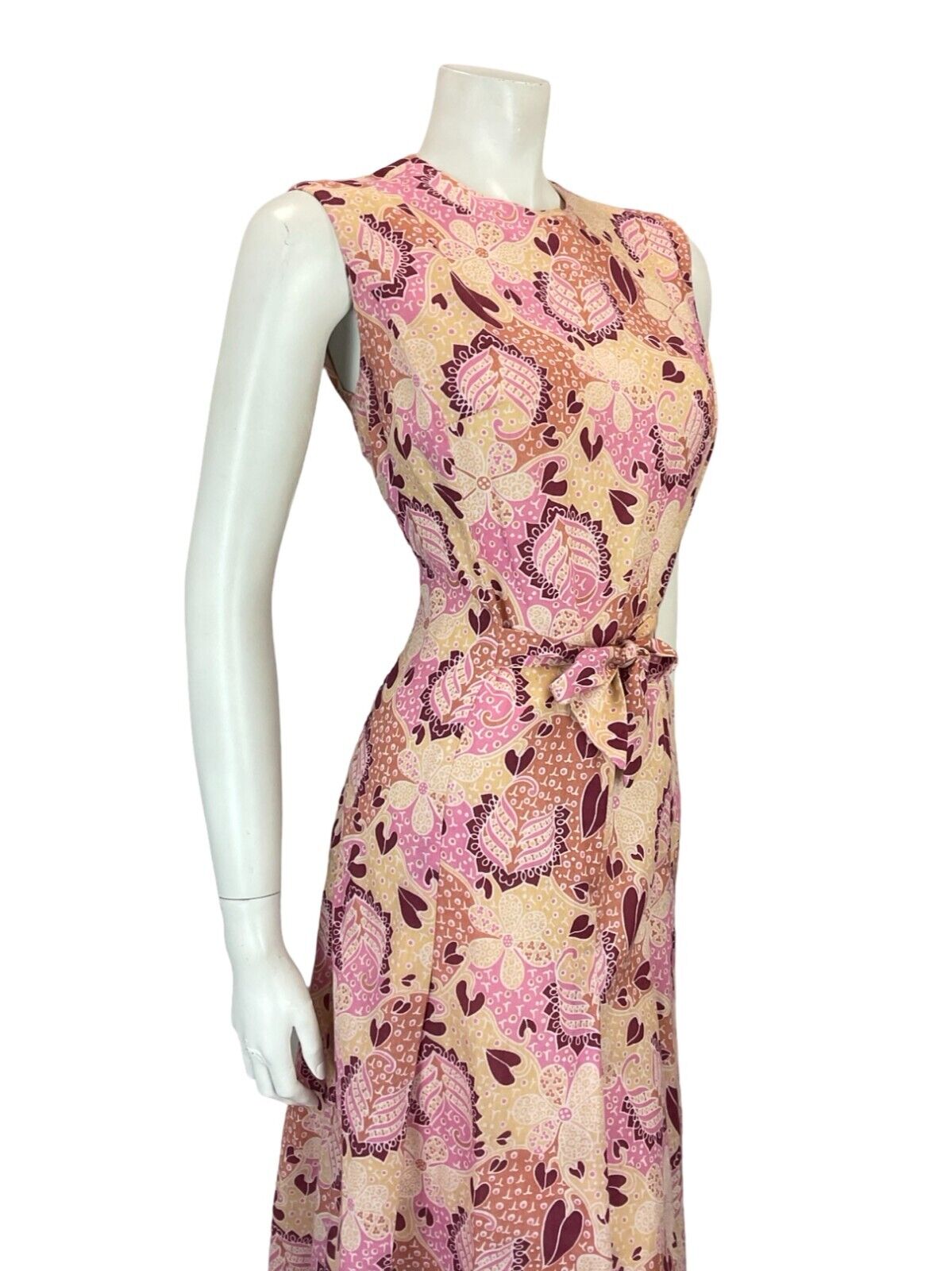 VTG 60S 70S PINK BEIGE WHITE FLORAL PSYCHEDELIC TIE WAIST PLEATED DRESS 10 12