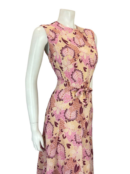 VTG 60S 70S PINK BEIGE WHITE FLORAL PSYCHEDELIC TIE WAIST PLEATED DRESS 10 12