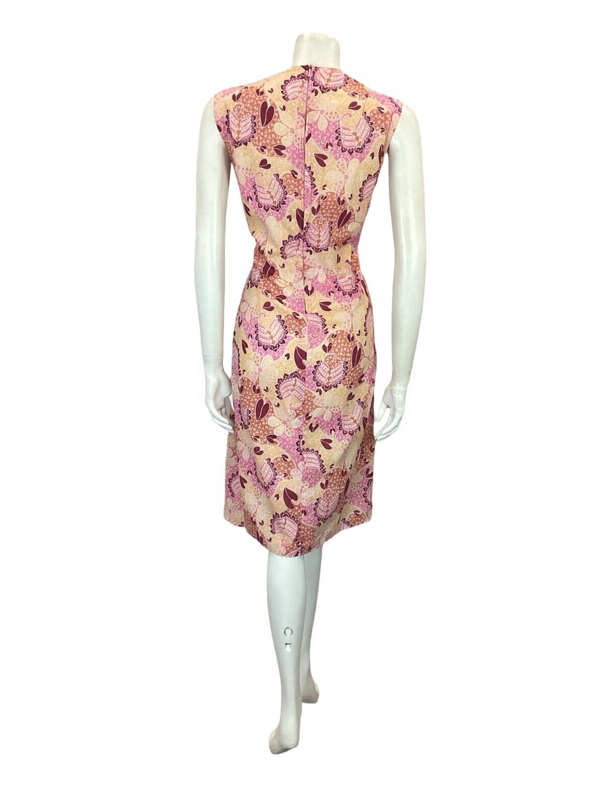 VTG 60S 70S PINK BEIGE WHITE FLORAL PSYCHEDELIC TIE WAIST PLEATED DRESS 10 12