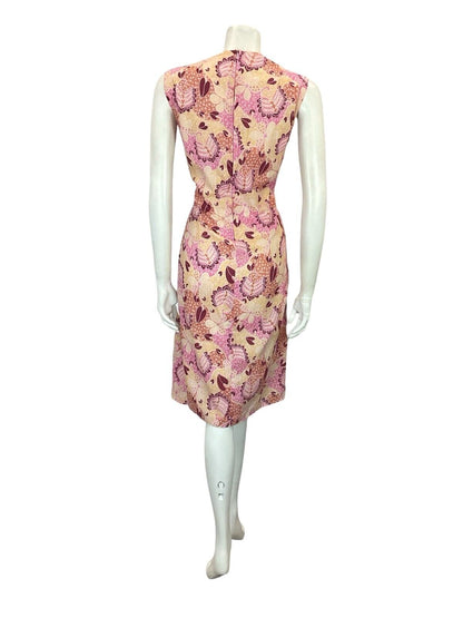 VTG 60S 70S PINK BEIGE WHITE FLORAL PSYCHEDELIC TIE WAIST PLEATED DRESS 10 12