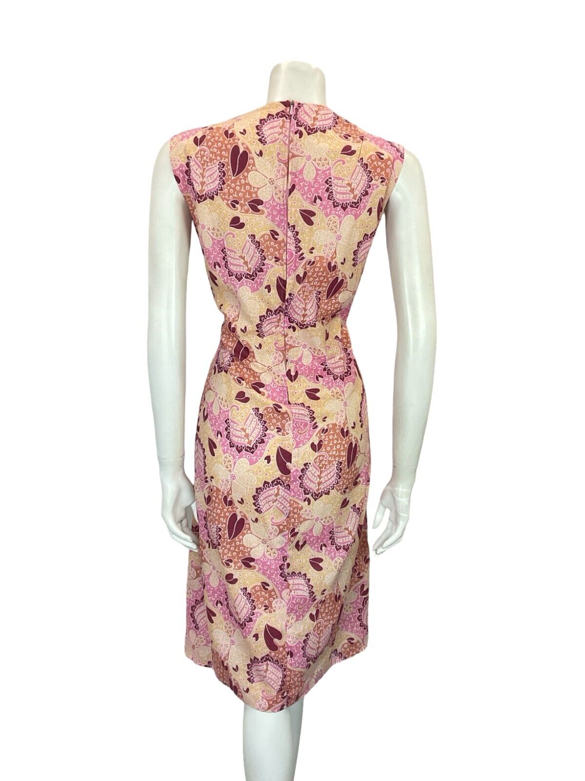 VTG 60S 70S PINK BEIGE WHITE FLORAL PSYCHEDELIC TIE WAIST PLEATED DRESS 10 12