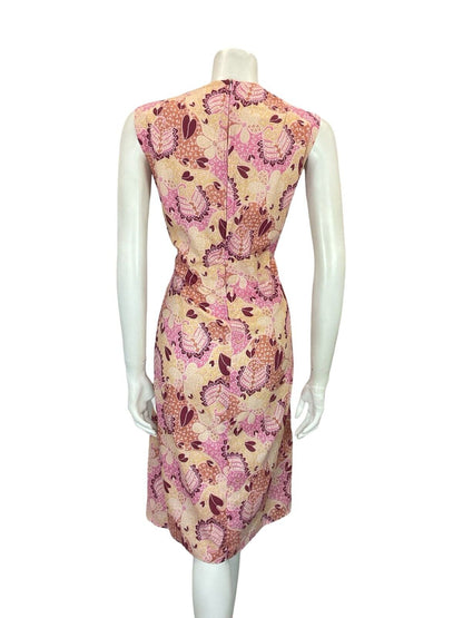 VTG 60S 70S PINK BEIGE WHITE FLORAL PSYCHEDELIC TIE WAIST PLEATED DRESS 10 12