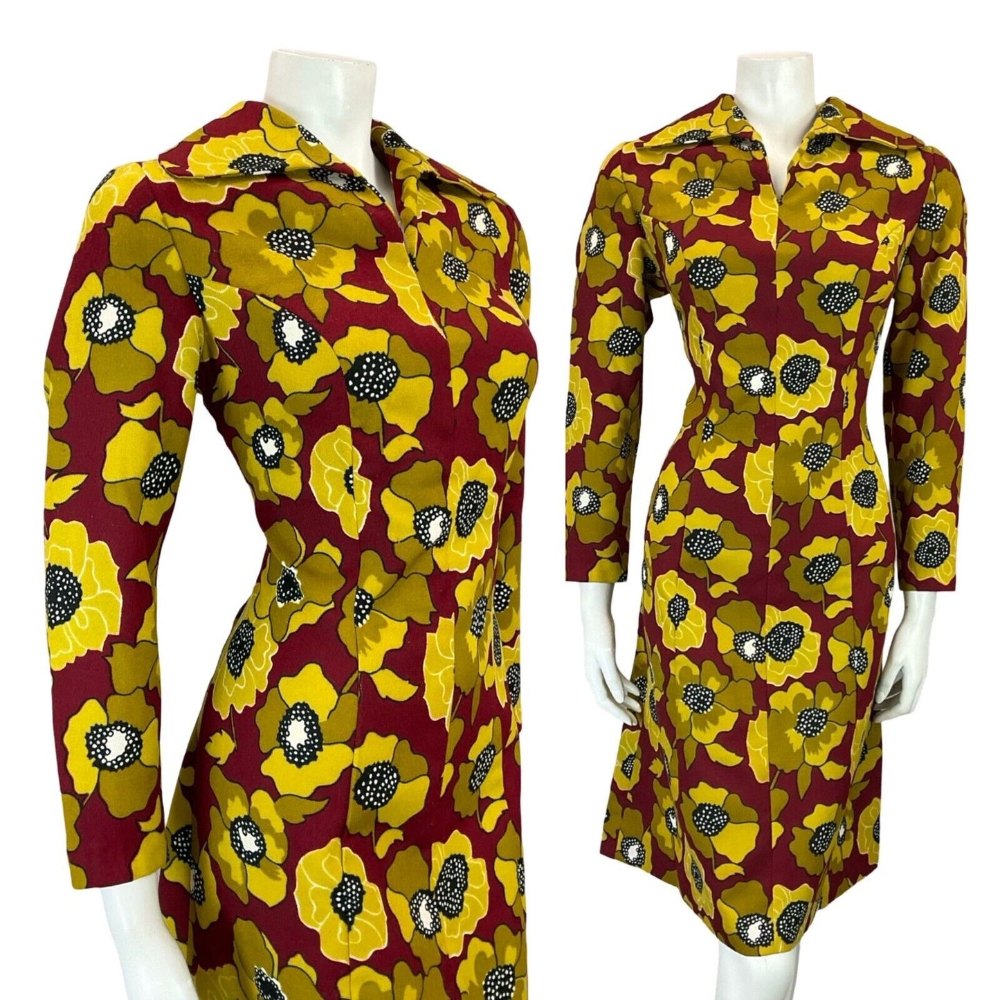 VTG 60S RED YELLOW OPEN ROUNDED WING COLLAR FLORAL SHIRT SHEATH DRESS 12
