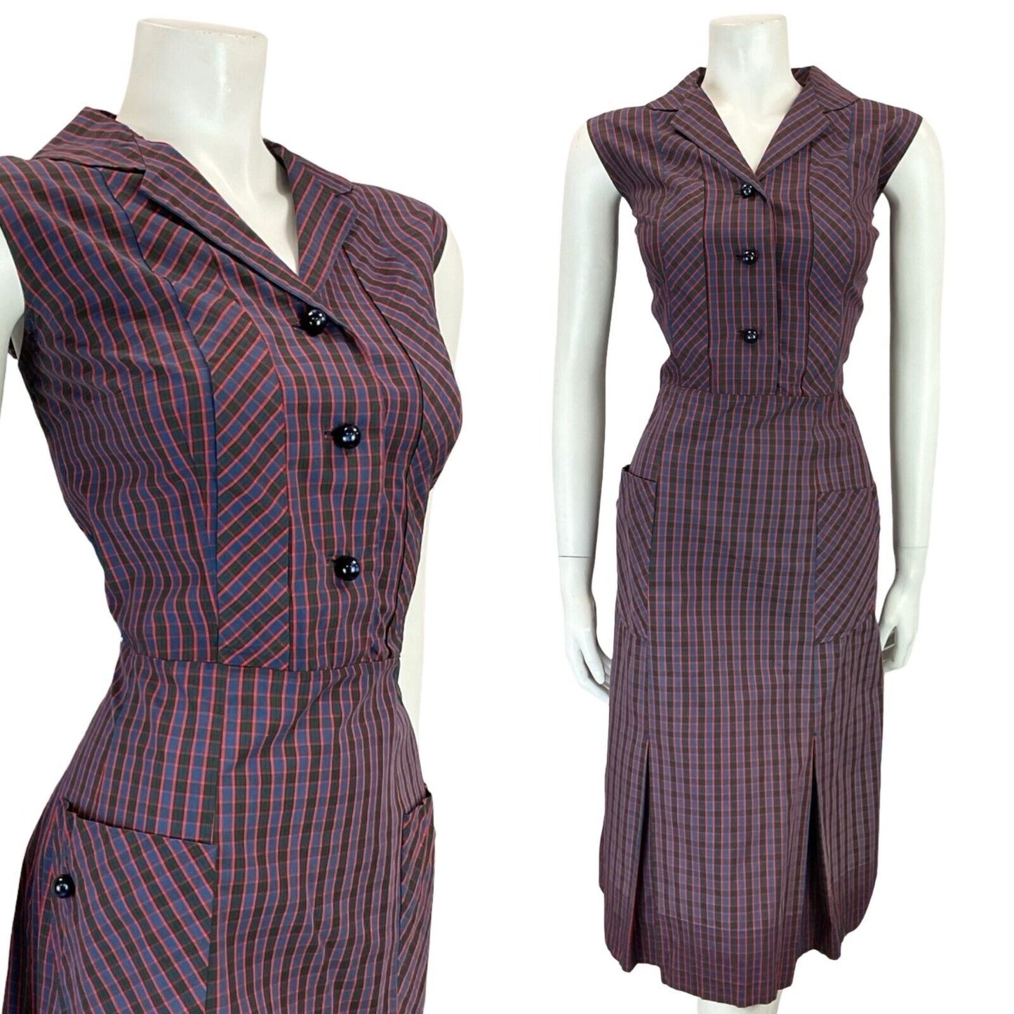 VTG 60S 70S BLUE RED BLACK GINGHAM NOTCH LAPEL MIDI SHIRT DRESS W/ POCKETS 12