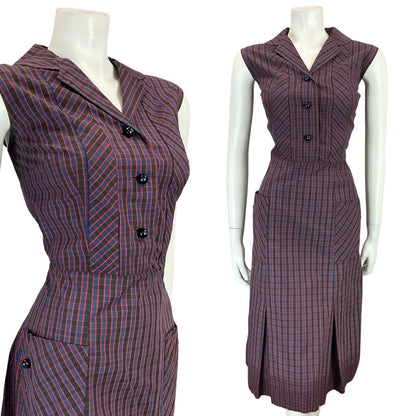 VTG 60S 70S BLUE RED BLACK GINGHAM NOTCH LAPEL MIDI SHIRT DRESS W/ POCKETS 12