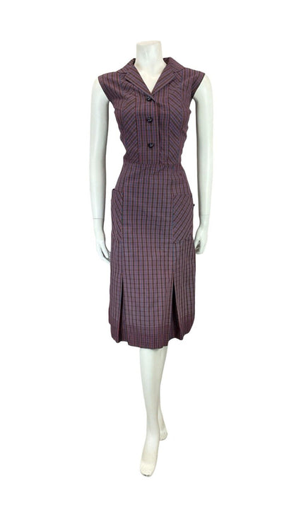 VTG 60S 70S BLUE RED BLACK GINGHAM NOTCH LAPEL MIDI SHIRT DRESS W/ POCKETS 12