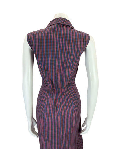 VTG 60S 70S BLUE RED BLACK GINGHAM NOTCH LAPEL MIDI SHIRT DRESS W/ POCKETS 12