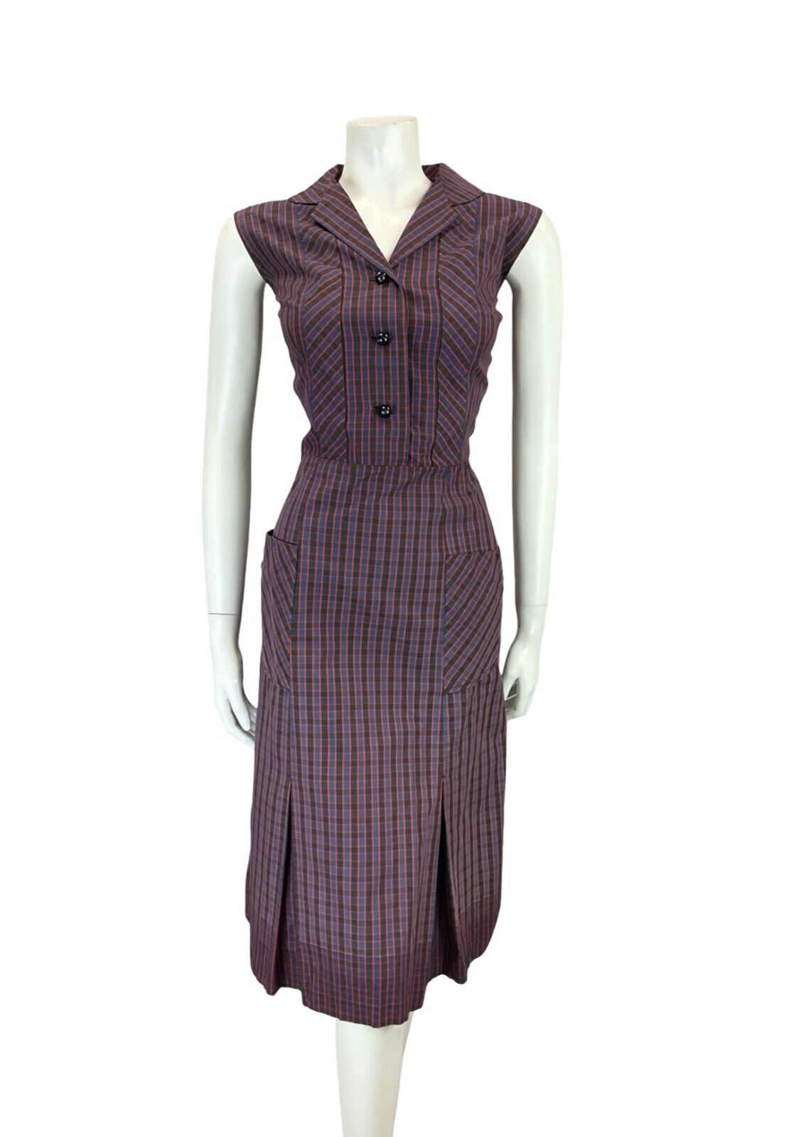 VTG 60S 70S BLUE RED BLACK GINGHAM NOTCH LAPEL MIDI SHIRT DRESS W/ POCKETS 12