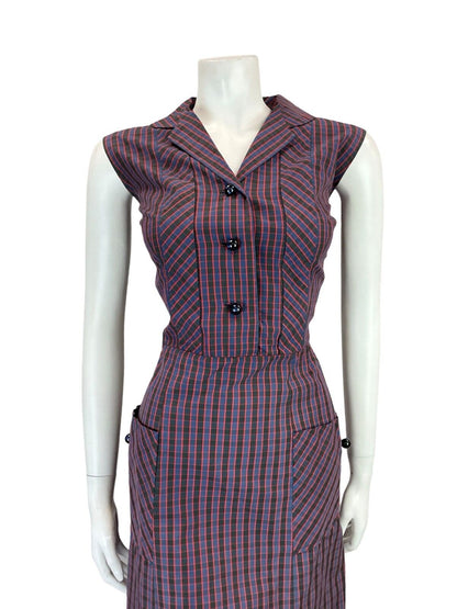 VTG 60S 70S BLUE RED BLACK GINGHAM NOTCH LAPEL MIDI SHIRT DRESS W/ POCKETS 12