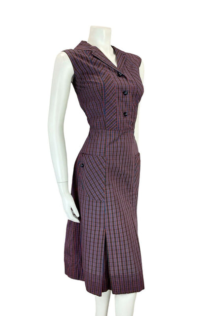 VTG 60S 70S BLUE RED BLACK GINGHAM NOTCH LAPEL MIDI SHIRT DRESS W/ POCKETS 12