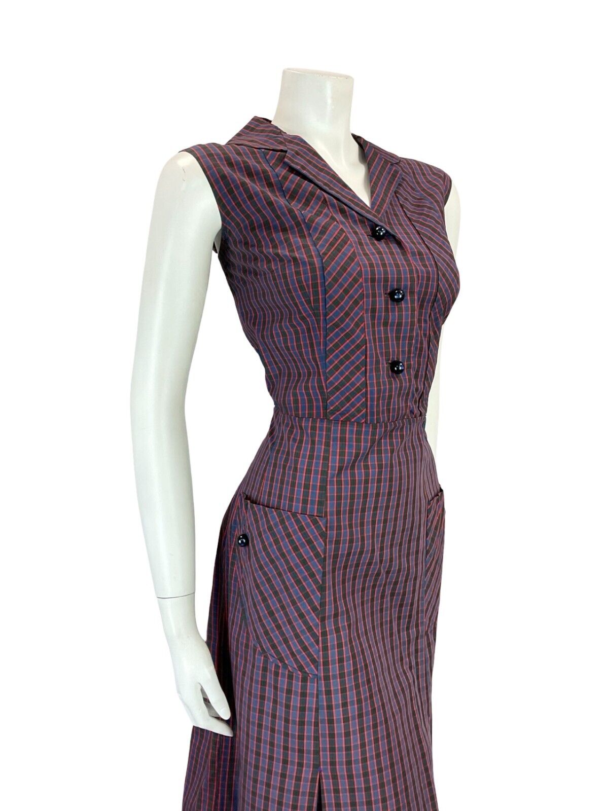 VTG 60S 70S BLUE RED BLACK GINGHAM NOTCH LAPEL MIDI SHIRT DRESS W/ POCKETS 12