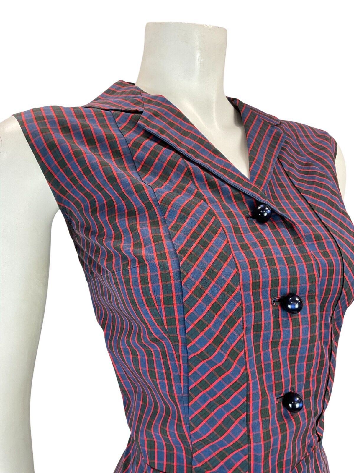 VTG 60S 70S BLUE RED BLACK GINGHAM NOTCH LAPEL MIDI SHIRT DRESS W/ POCKETS 12