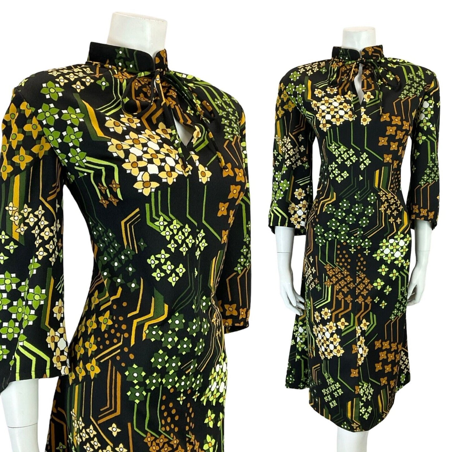 VTG 60S TIE MANDARIN COLLAR FLORAL GEOMETRIC BLACK BROWN GREEN SHIFT DRESS 16