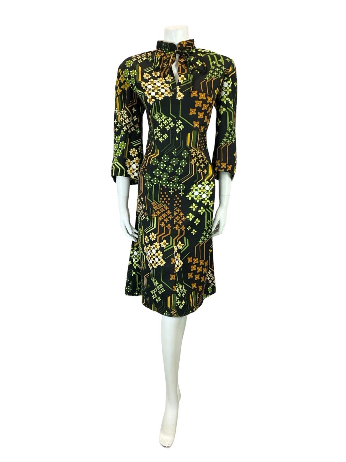 VTG 60S TIE MANDARIN COLLAR FLORAL GEOMETRIC BLACK BROWN GREEN SHIFT DRESS 16