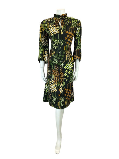 VTG 60S TIE MANDARIN COLLAR FLORAL GEOMETRIC BLACK BROWN GREEN SHIFT DRESS 16