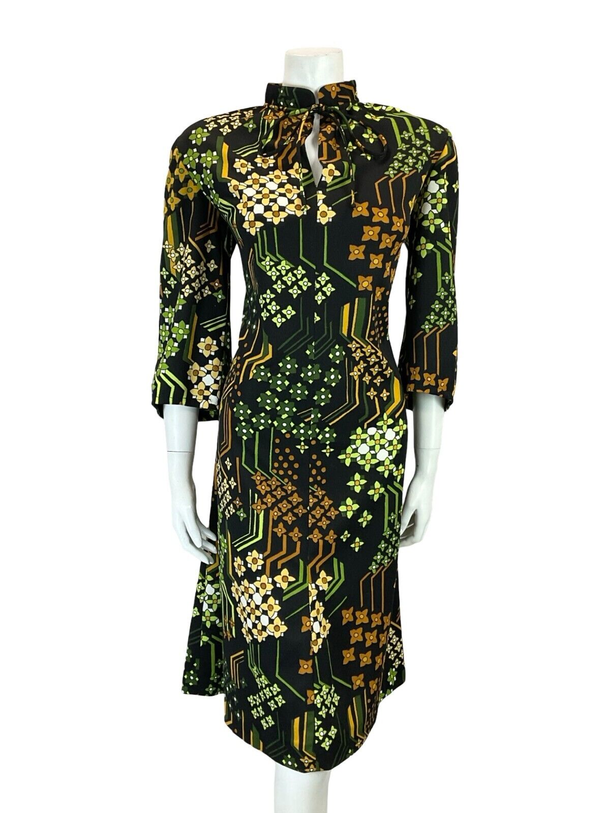 VTG 60S TIE MANDARIN COLLAR FLORAL GEOMETRIC BLACK BROWN GREEN SHIFT DRESS 16