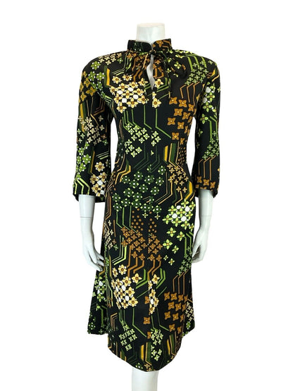 VTG 60S TIE MANDARIN COLLAR FLORAL GEOMETRIC BLACK BROWN GREEN SHIFT DRESS 16