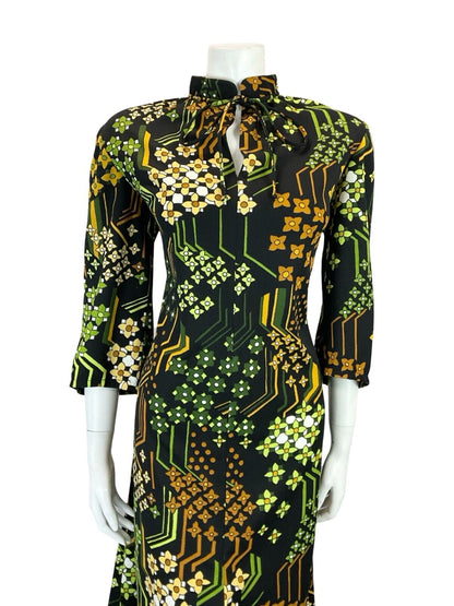 VTG 60S TIE MANDARIN COLLAR FLORAL GEOMETRIC BLACK BROWN GREEN SHIFT DRESS 16