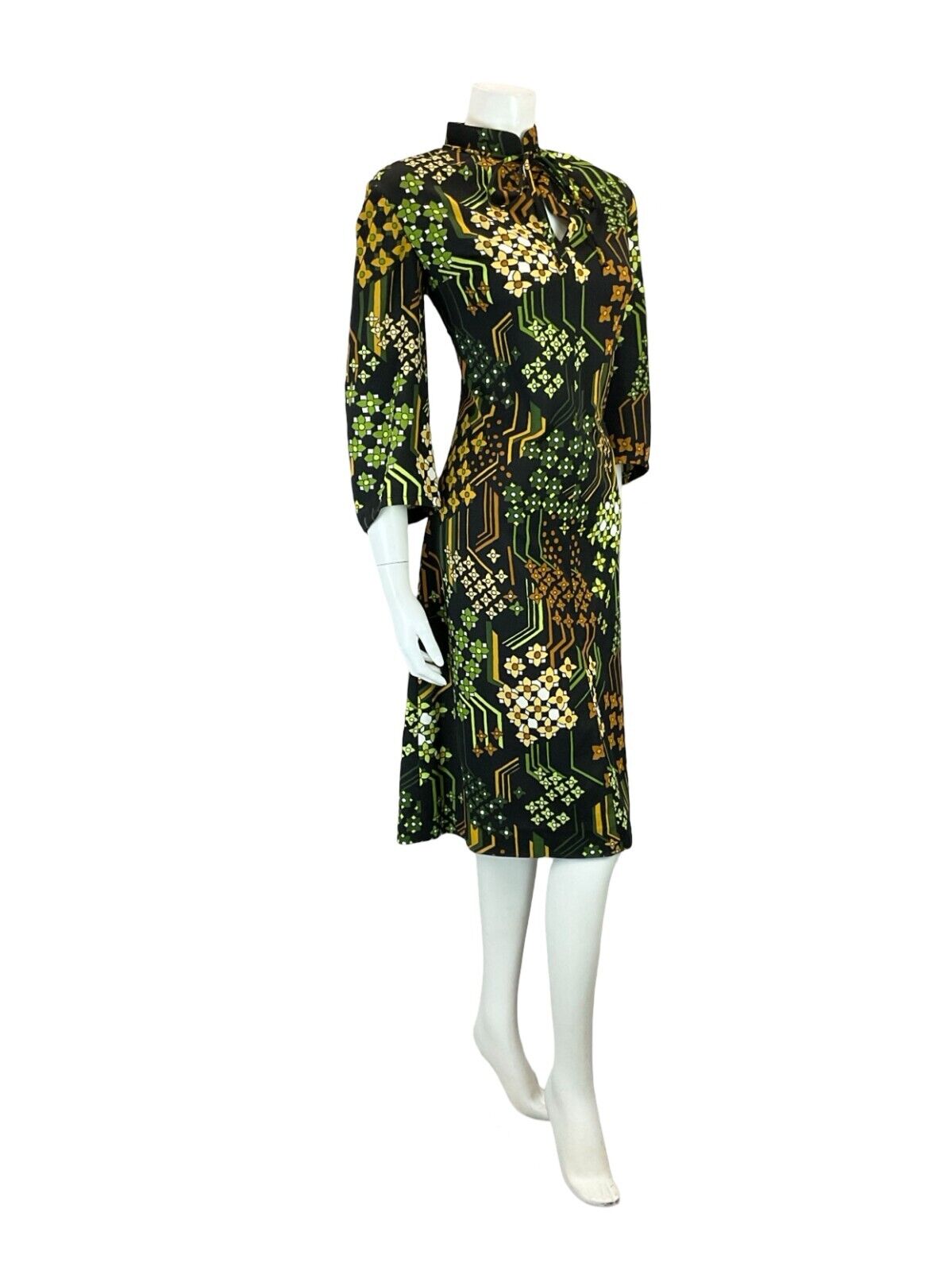 VTG 60S TIE MANDARIN COLLAR FLORAL GEOMETRIC BLACK BROWN GREEN SHIFT DRESS 16