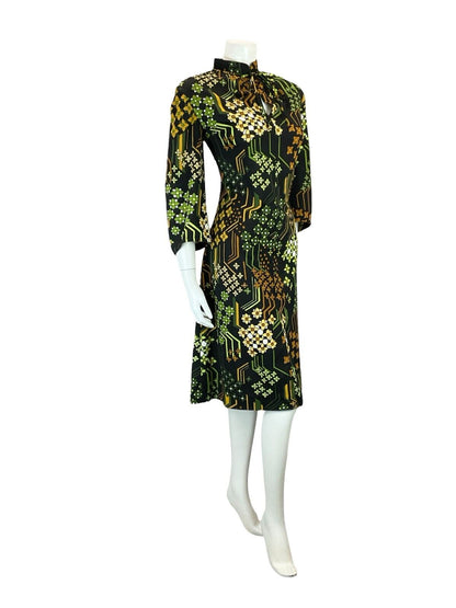 VTG 60S TIE MANDARIN COLLAR FLORAL GEOMETRIC BLACK BROWN GREEN SHIFT DRESS 16